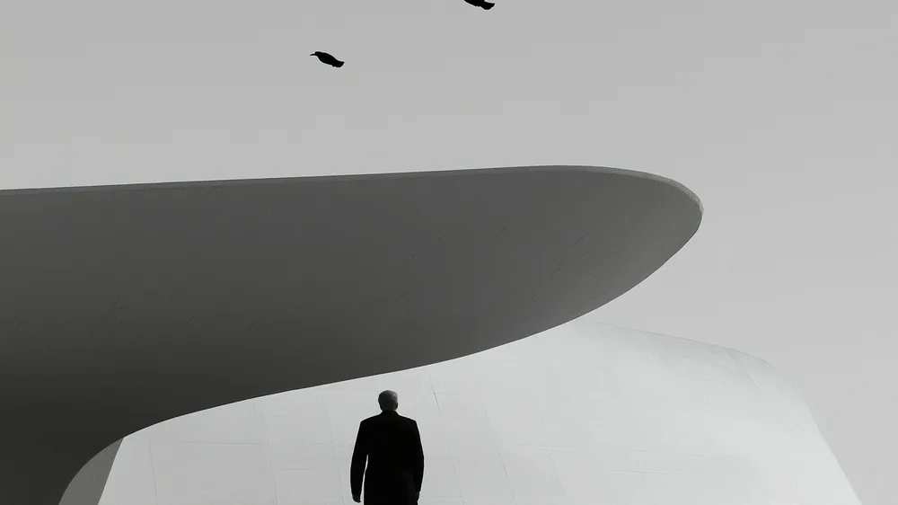 Direction A opening screen: a lone figure beneath a vast concrete canopy.