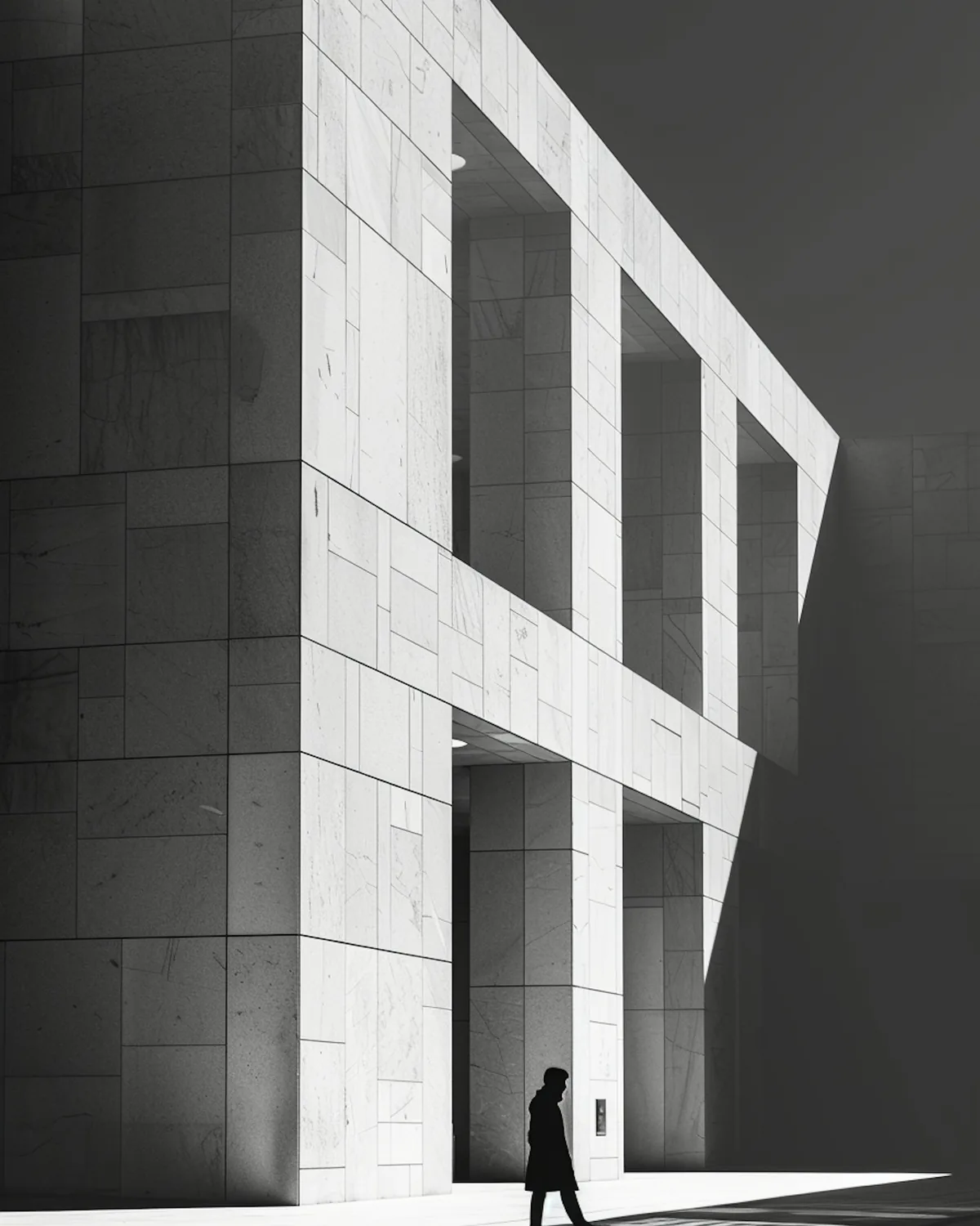 A small figure crossing a sunlit forecourt beneath a deep stone grid facade, the structure reading as a single repeated frame.