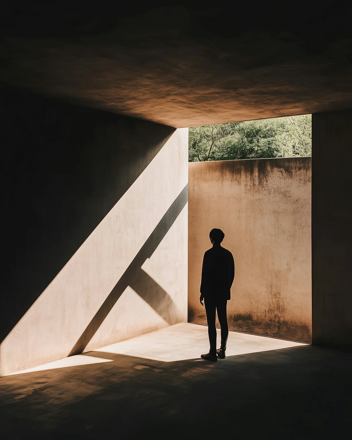 A figure standing in a concrete undercroft where a hard shaft of daylight cuts diagonally across the wall and floor.