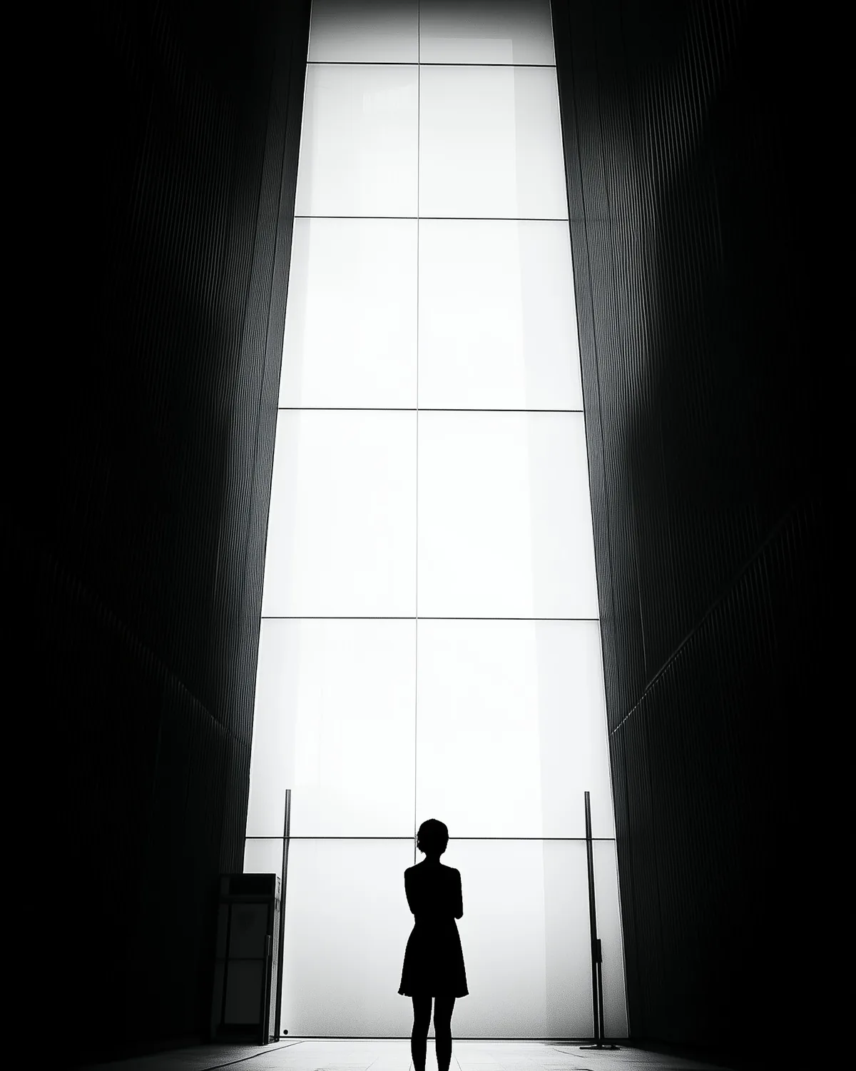 A figure silhouetted in a tall bright opening at the end of a dark corridor, the walls falling away into shadow on either side.