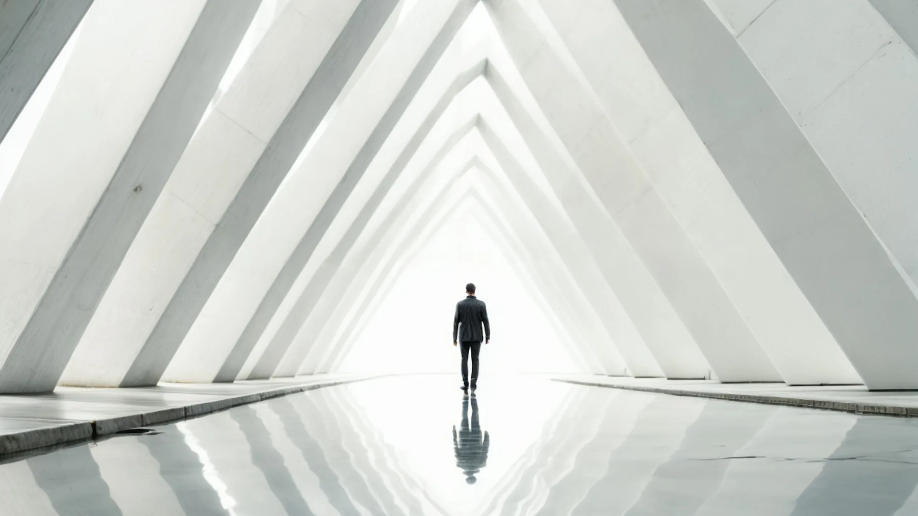 A single figure at the far end of a long symmetrical hall whose angled white walls converge towards a bright opening, reflected in a polished floor.