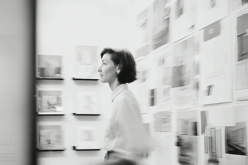 Direction B opening screen: an architect walking a studio wall of pinned drawings.