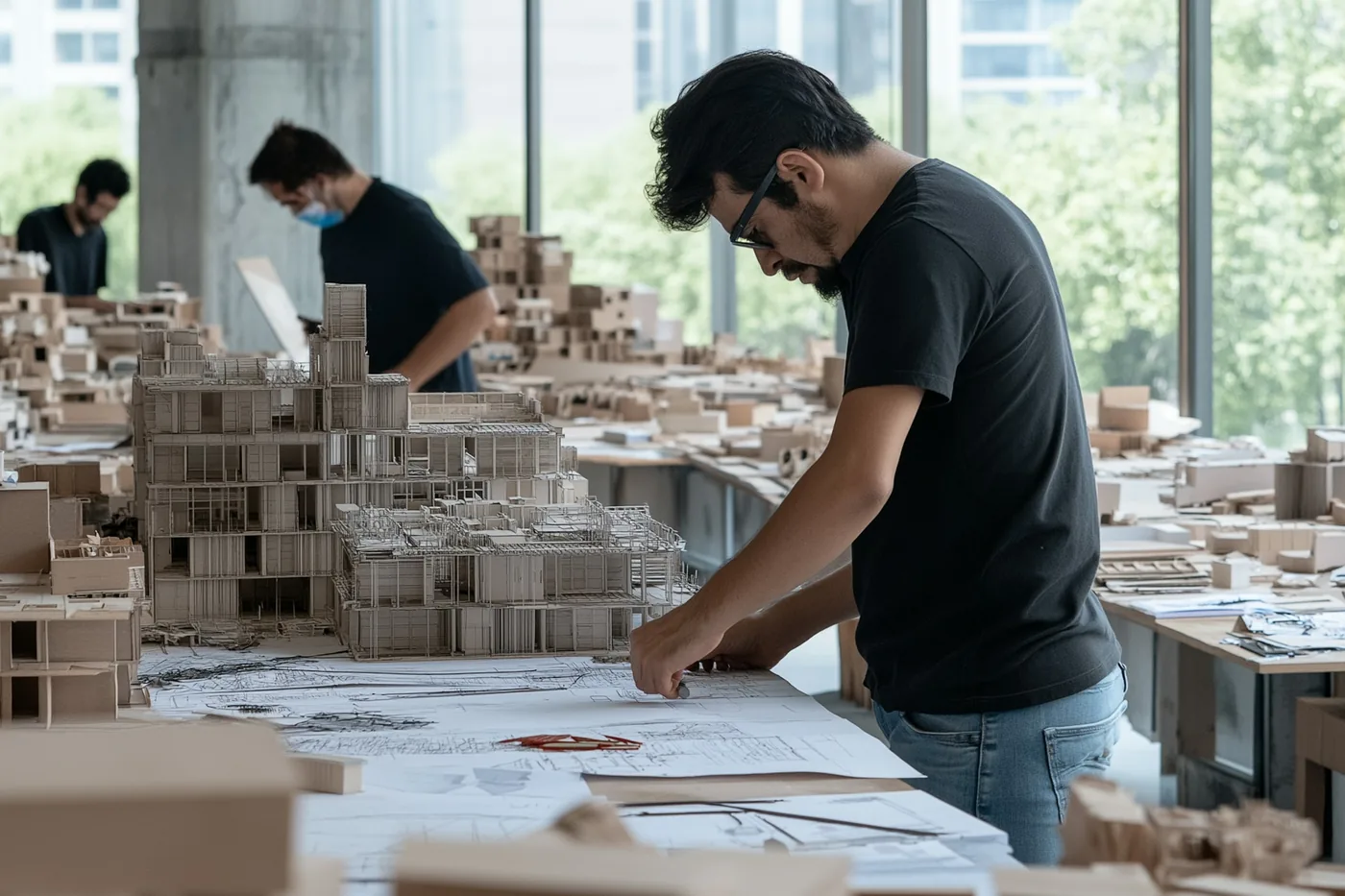 Architects working over a large table covered with timber massing models of a city block.