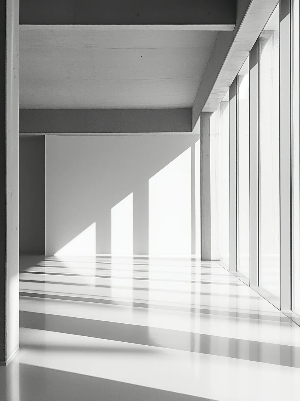 A long colonnade where daylight falls between deep concrete piers, striping the floor.