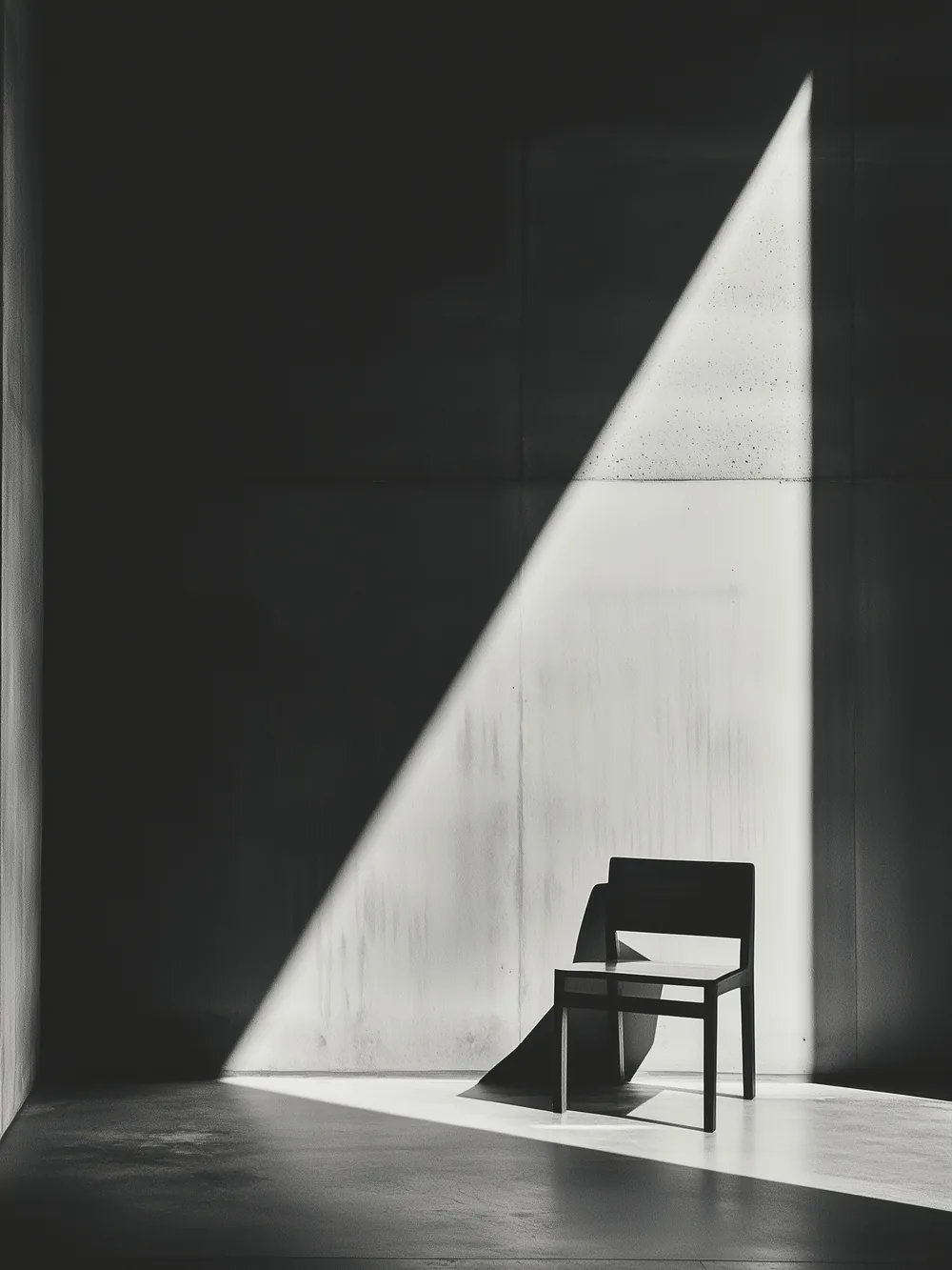 A single chair standing in a hard wedge of daylight on a bare concrete floor.