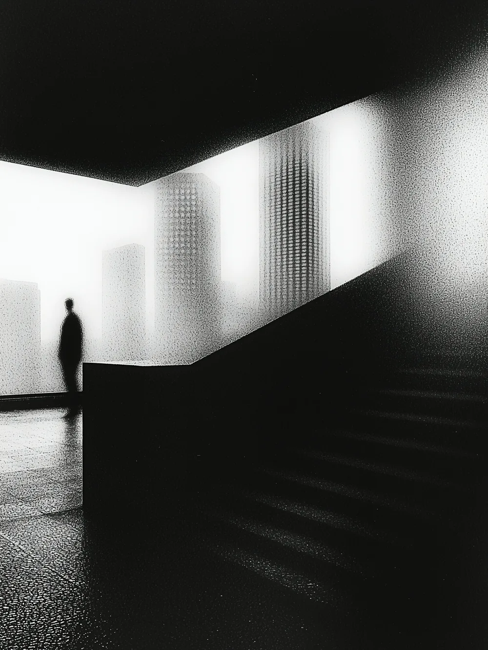 A figure standing at the edge of a wide, softly lit hall, the far wall dissolving into light.
